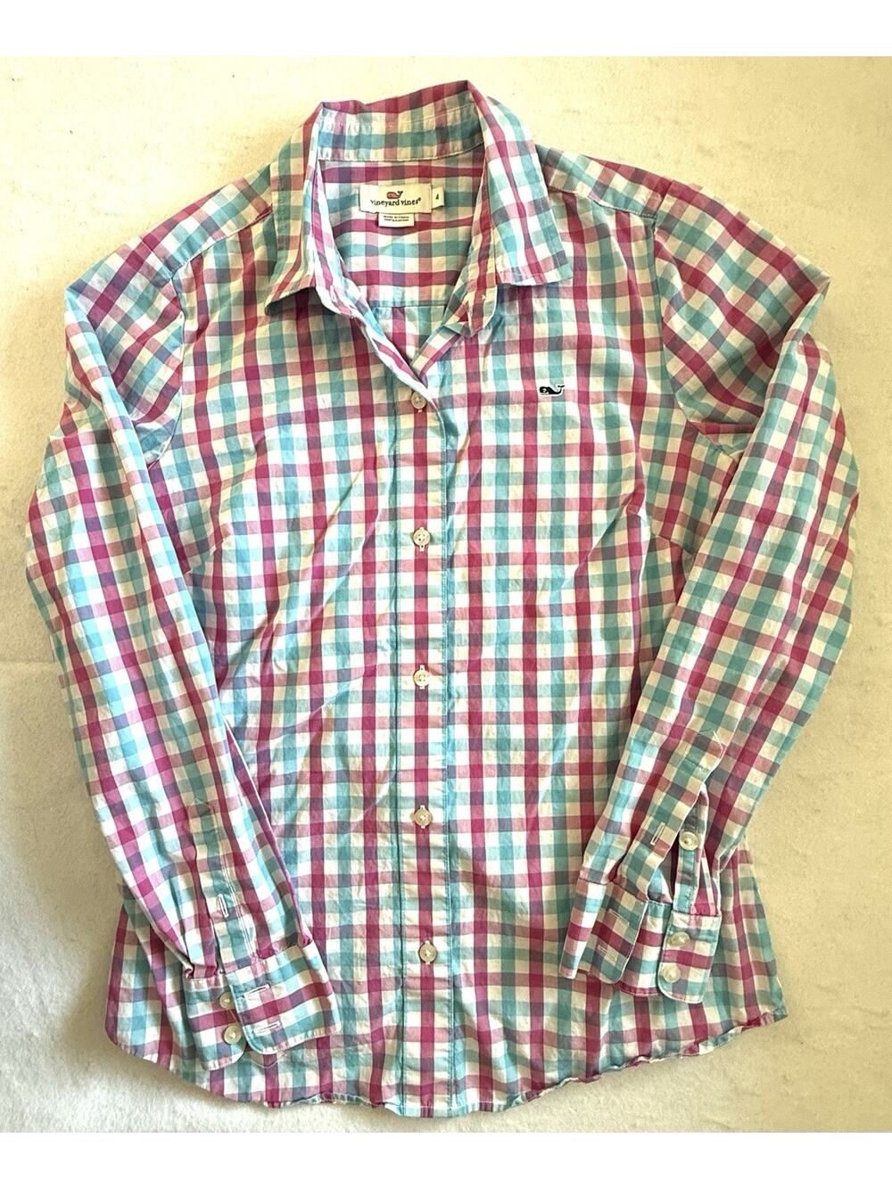 Vineyard Vines Women Shirt size 4 pink blue plaid Preppy Coastal Cottagecore